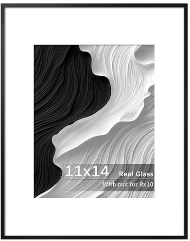 Tinkeps 11x14 Metal Picture Frame-Tempered Real Glass, Aluminum 8x10 Picture frame with Mat - Black Backboard, Wall Hanging Photo Frame for Home Décor, Black