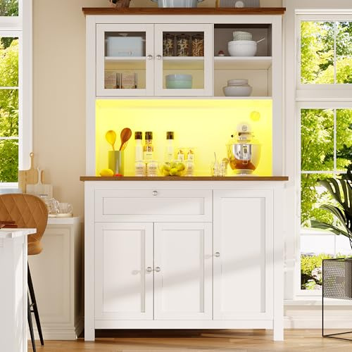 Merax Küchenschrank mit Arbeitsplatte, Hochschrank Küchenbuffet, Buffetschrank mit LED-Beleuchtung, Sideboard Küche mit Schubladen und Glas Türen, Weiß, 104x40x180cm