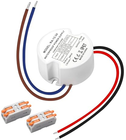 Muzveik LED Trafo 24V 12W 0.5A, Wasserdicht IP67 Transformator 230V auf 24V Rund Ø48mm, LED Netzteil mit 2 Steckverbindern für Innen- und Außenbereich
