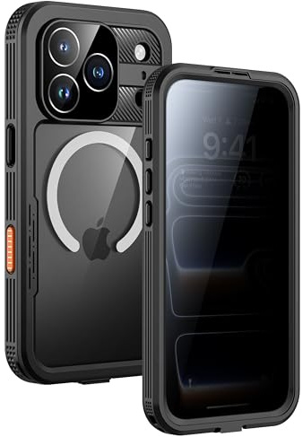 Lanhiem für iPhone 17 Pro Hülle Wasserdicht Sichtschutz Magnet | Handyhülle Kompatibel mit Magsafe,360 Grad Stoßfest,Staubdicht Outdoor Panzerhülle,mit Anti-Spähen Schutzfolie,Schwarz