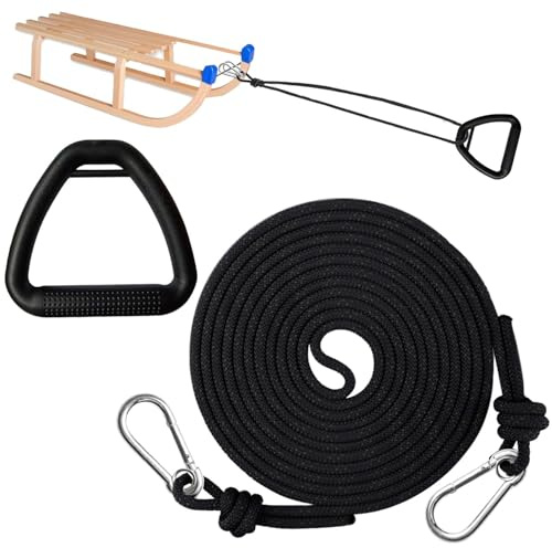 Schlittenseil Mit Karabiner,4M Schlittenleine Mit Griff,Dickes Schlittenseil Durchmesser 10mm,Premium Schlittenleine,Schlittenseil mit Holzgriff,Schlitten Zugseil für Schlitten und Rodel im Winter