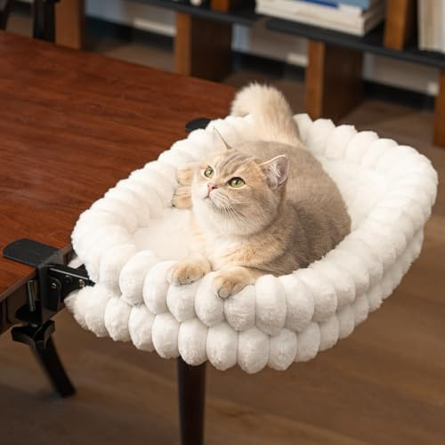 CheerPals Cat Desk Bed & Table Perch - Foldable Clamp-On Hammock for Indoor Cats, Sturdy Metal Frame with Reversible Winter Plush & Summer Mesh Seat, Space Saving Hanging Lounger, Washable Cover