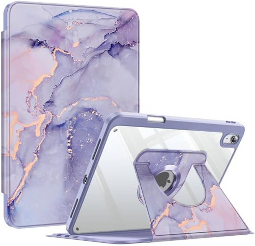 Fintie Funda Giratoria para iPad A16 de 11 Generación 2025 y 10 Generación 2022 de 11 Pulgadas, Funda 360° con Parte Trasera de acrílico Transparente, Marco Resistente - Mármol Dorado púrpura
