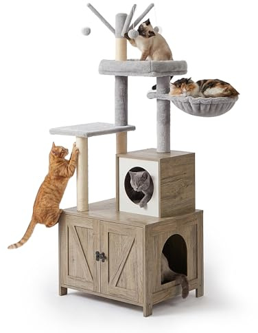 Relaxdays Kratzbaum mit Katzenkloschrank, HxBxT: 150 x 60 x 49 cm, Sisalstämme & Liegemulde, Holzoptik, Hellbraun/weiß