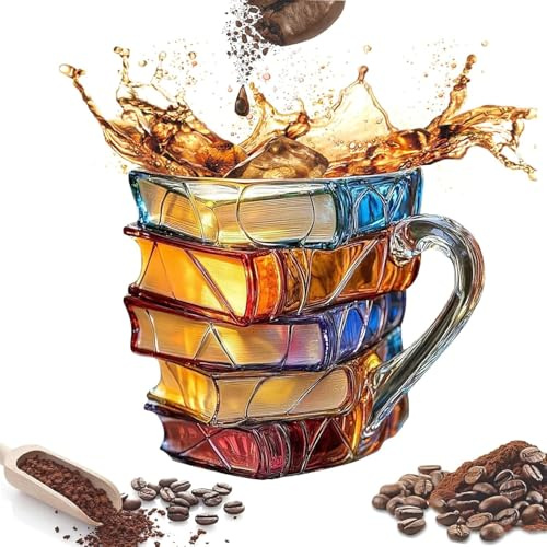 xinrongda Painted Book Mug,Novelty Coffee Mugs,Novelty 3D Painted Book Coffee Cup, Colorful Glass Book Lovers Drinking Cup with Handle, Collection Gift for Readers Librarians Literature Lovers