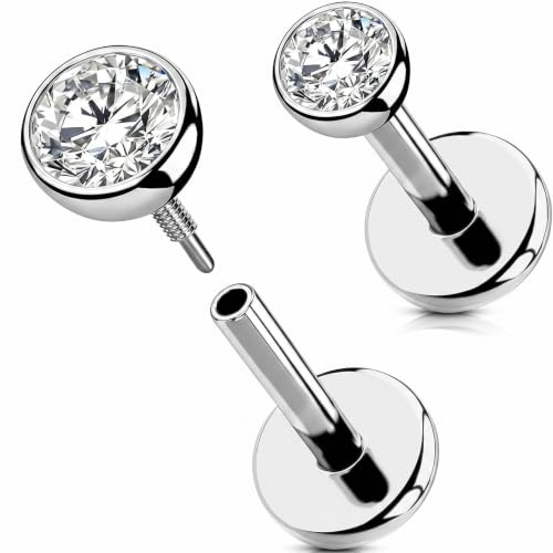 CIZME Titan F136 Labret Piercing Innengewinde Medusa Helix Tragus Silber | 2er Set Ohrstecker 16G 18G flache Rückseite Ashley Snake Bites Unterlippen Ohrpiercing Conch Nostril Zirkon Schmuck Stern