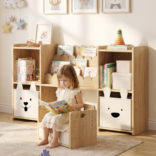 EXPERLAM Kids Bookshelf with Chair and Toy Storage,Natural | Solid Pine Front-Facing Book Rack with 4 Storage Cubes and 2 Animal Fabric Bins,Wooden Reading Corner Organizer for Playroom