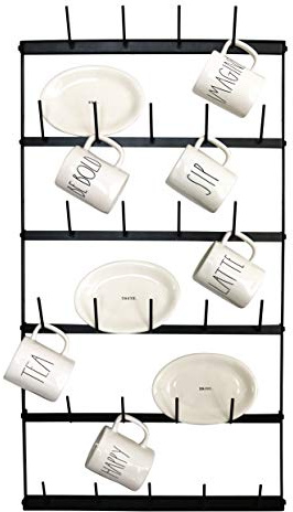 Claimed Corner Wall Mounted Coffee Mug Rack - Large Rustic Black Iron Steel Kitchen Rack with 6 Rows - Storage for 27 Cups - Jar & Plate Holder - Vertical Display Organizer - Farmhouse Home Décor