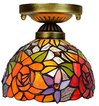 Tiffany-Art-Decken-Befestigungs-Lampe 8 Wide Rote Rosen-Blumen-Buntglas Antike Nachtlicht für Dekor Wohnzimmer Schlafzimmer Küche Flur Geschenk