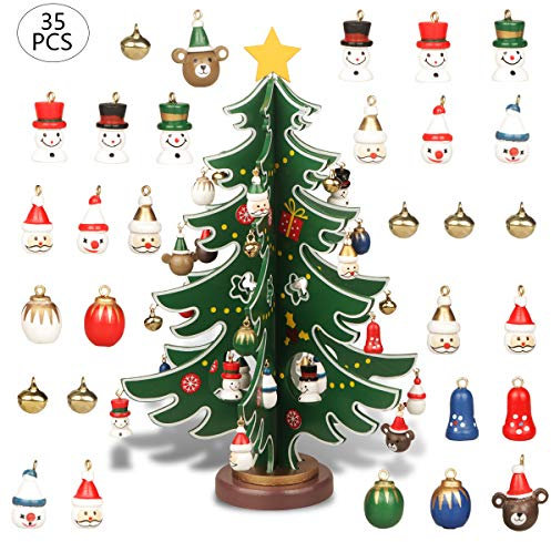 YiYa Mini Wooden Tabletop Christmas Tree Christmas Toy Set with 30 Mini Christmas Ornaments and 1 Star Treetop for Christmas Decoration Tabletop Decors (L)