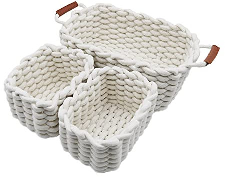 Icegrey Aufbewahrungskorb Baumwolle Strickkorb Dekorative NatüRliche Rechteck Wasserdichter Aufbewahrungsboxen Organisatoren für Babyzimmer, Schlafzimmer, Wohnzimmer Weiß 3er Pack