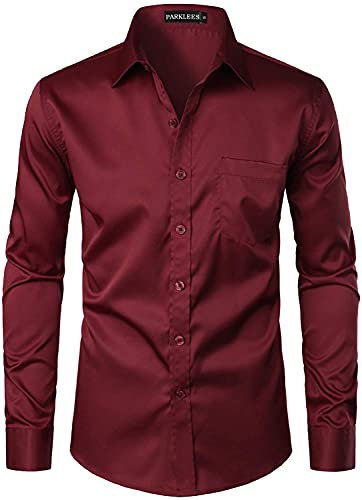PARKLEES Men's Urban Stylish Casual Business Slim Fit Long Sleeve Button Up Dress Shirt with Pocket Burgundy L
