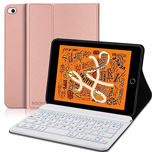 IVEOPPE Teclado iPad Mini 5, Funda iPad Mini 5 con Teclado, Funda Teclado iPad Mini 4, Teclado Español Ñ Bluetooth Inalámbrico para iPad Mini 5/4/3/2/1 7.9 Pulgadas, Oro Rosa