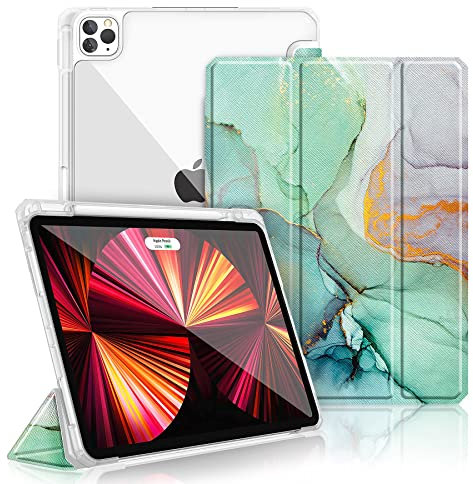Gahwa Hülle für iPad Pro 11 Zoll 2022/2021/2020/2018 mit Stifthalter, Schutzhülle mit Auto Schlafen/Wachen und Standfunktion, Ultra Dünn Case Cover mit Transparent Clear Zurück - Smaragd Marmor