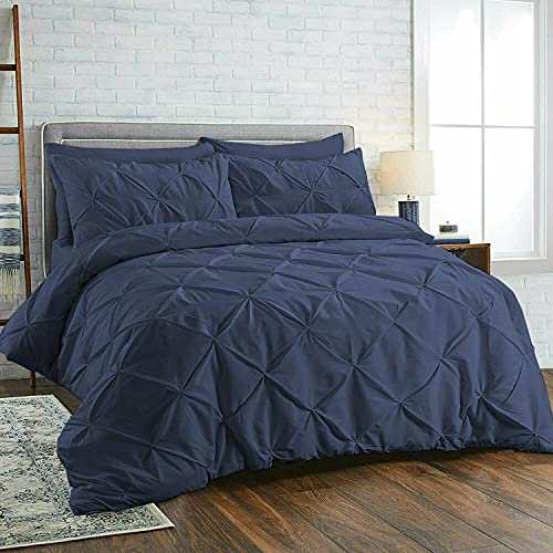 Diamond Pleated Pintuck Duvet Cover Set with Pillow Cases 100% Cotton Bedding Quilt Covers Bed Sets Single Double King Super King Size (Navy, Double)