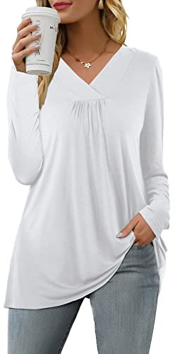 Florboom Tunic Tops Casual Long Sleeve V-Neck Tshirts Swing Longline Shirts White 18 20