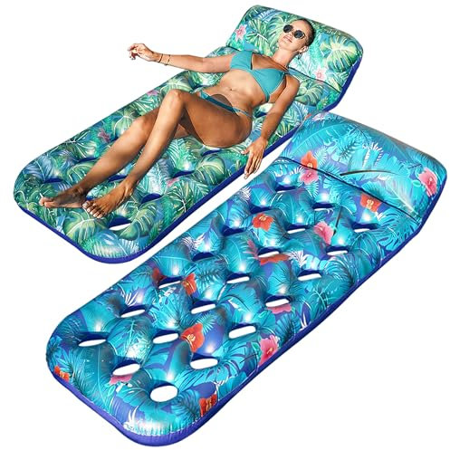 FindUWill Aufblasbare Pool-Lounge, 2 Stück tropische Monstera aufblasbare Poolschwimmer mit Kopfstütze, XL, 21-Kühlloch-aufblasbare Kontur-Lounge (Monstera Green & Monstera Blue)
