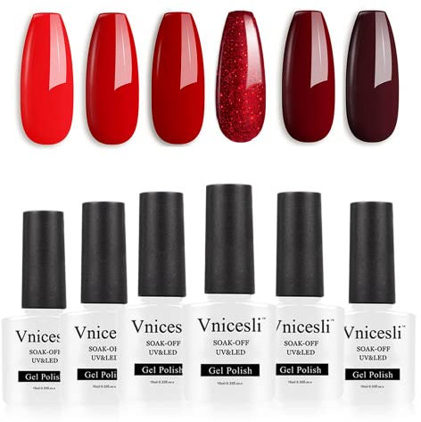 Vnicesli Glitzer Rot Gel Nagellack UV Shellac Dunkelrot 6 Farben Red Nägel UV Gel Glanz Rot Nagel Gel Polish Set Dunkel Rot Schellack Nagellack Set