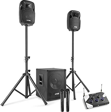 MAX Karaoke Machine Kit with MX700 2.1 PA Speaker System, Active 12 Subwoofer, Two 8-Inch Satellite Speakers, Bluetooth Mixer & Wireless Microphones for Home Karaoke & Parties