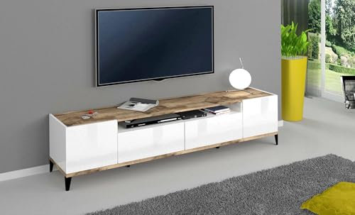 Dmora - TV-Schrank Raffaele, niedriges Wohnzimmer-Sideboard mit 2 Türen, Fernsehständer-Basis, 100 % Made in Italy, 200 x 40 x 47 cm, glänzendes Weiß und Ahorn,