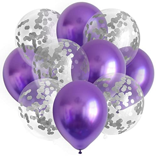 10x Luftballons Set Silber Konfetti Metallic Geburtstag Ballons Party Hochzeit, Farbe:Lila
