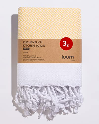 Luum® 3er Set Geschirrtücher, Geschirrhandtücher, Küchentücher, Küchenhandtücher, 100% ringgesponnene Baumwolle, schnelltrocknend, fusselfrei, Gelb, 45x70, Geschenkset