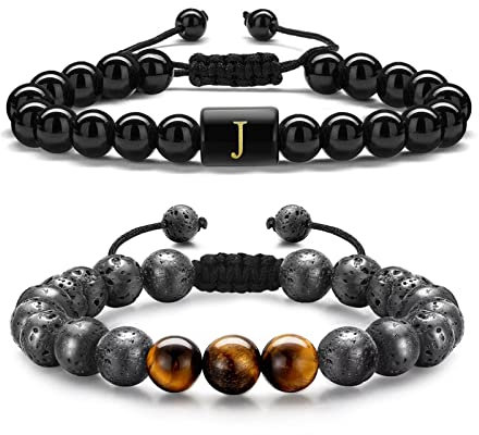 TINGN 2 Stück Herren Armbänder Tigerauge, 8 mm Naturstein Herren Initial Obsidian Armband Tigerauge Lavagestein Perlenarmbänder für Damen Herren Yoga Armbänder Geburtstagsgeschenke für Herren (J)