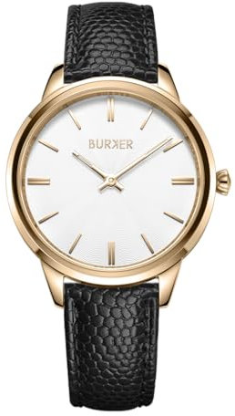 BURKER Damenuhr Emily, Runder Damen Armbanduhr Lederarmband Edelstahl Analog Quarz 3-ATM Wasserdicht - 36 mm - Gold Schwarz Leder