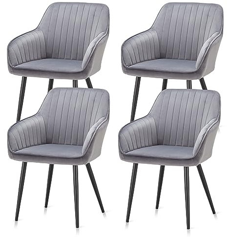 KHG 4er Set Esszimmerstühle Polsterstuhl Küchenstuhl Sessel mit Armlehnen Hellgrau Samt - Metallbeine schwarz, Rückenlehne und Armlehnen gesteppt - Design Stuhl Sitzhöhe 47 cm