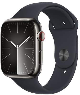 Apple Watch Series 9 (GPS + Cellular, 45 mm) Smartwatch mit Edelstahlgehäuse in Graphit und Sportarmband M/L in Mitternacht. Fitnesstracker, Blutsauerstoff und EKG Apps, Always-On Retina Display