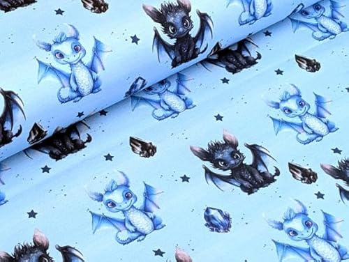 Eigenproduktion Baumwolljersey Kristall Drachen auf Blau Stoff Meterware Kleiderstoff Drake