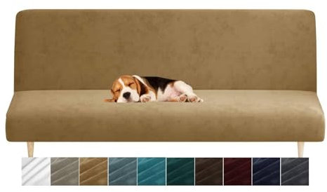 CHELZEN Velvet Futon Cover High Stretch Armless Couch Covers Spandex Fabric Sofa Bed Slipcover Anti Slip Furniture Protector (Futon, Camel)