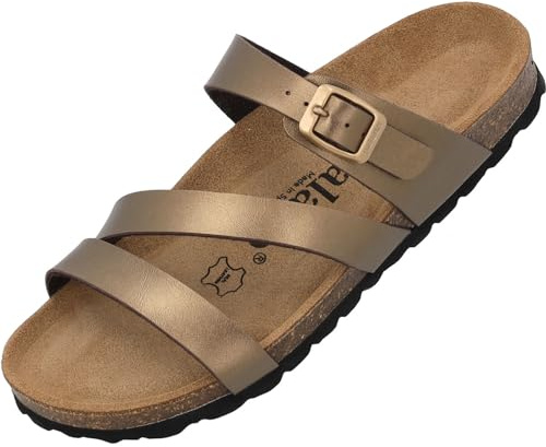 Palado Pantoletten Damen Ikaria – bequeme Sandalen Made in Spain - Hausschuhe mit dämpfendem Kork-Fußbett - modische Sommerschuhe Bronze Metallic UK3,5 - EU36