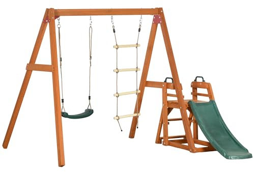 Outsunny Set 3 in 1 con Scivolo, Altalena da Giardino e Scaletta a Corda, Gioco da Esterno per Bambini Età 3-8 Anni, Struttura in Legno, Verde