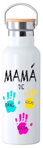 Botella de agua manitas dia de la madre, botella de agua personalizada con nombre manitas de colores (Botella manitas personalizada MAMÁ)
