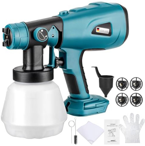 Pulverizador de pintura inalámbrico compatible con batería de iones de litio Makita de 18 V, 200 W, HVLP, con motor sin escobillas y 4 tamaños de boquilla, 3 patrones para muebles, paredes, vallas,