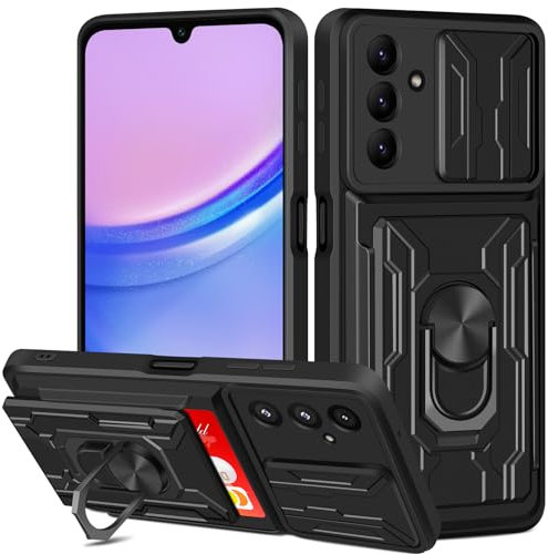 Aolcev for Samsung A15 Phone Case with Card Holder Wallet Case with Camera Cover Ring Kickstand Heavy Duty Hard PC Soft TPU Bumper Armor Shockproof Protective Case Cover for Samsung Galaxy A15-Black