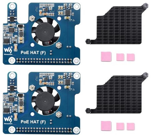 Waveshare 2PCS PoE Power Over Ethernet HAT (F) Compatible with Raspberry Pi 5, High Power, Onboard Cooling Fan, with Metal Heatsink, Supports 802.3af/at Network Standard