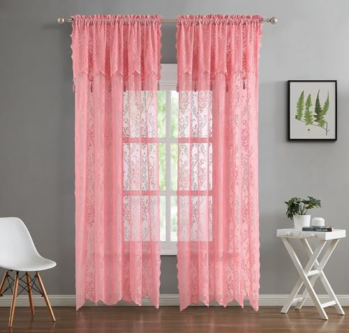 LinenZone Pair of 2 Lace Curtain Panels with Attached Valance and 6 Tassels. Sheer Lace Curtains for Living Room, Dining Room, Bedroom or Kitchen. Classic English Rose Design. (Luna 54 x 96, Rose)