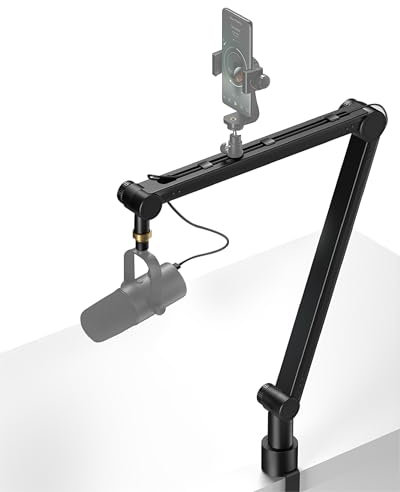 Microphone Stand with Phone Holder, Mic Boom Arm with Cable Management Channels, Desk Clamp Mount, 360° Rotatable, Heavy Duty Microphone Stand with 3/8'' & 5/8'' Adapter for Blue Yeti and Podcast
