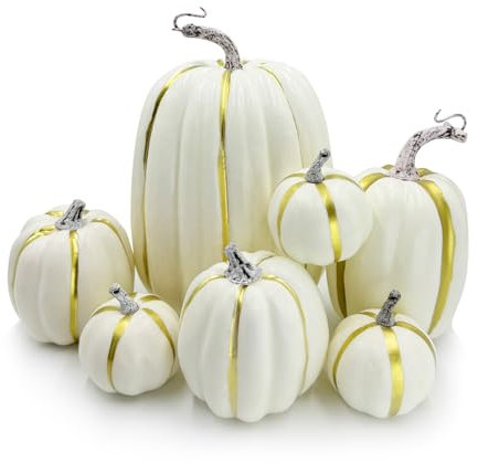 DOJoykey 7 pièces citrouilles artificielles, Citrouille Blanche de Grande Taille pour la décoration d'halloween de la récolte d'automne de Thanksgiving