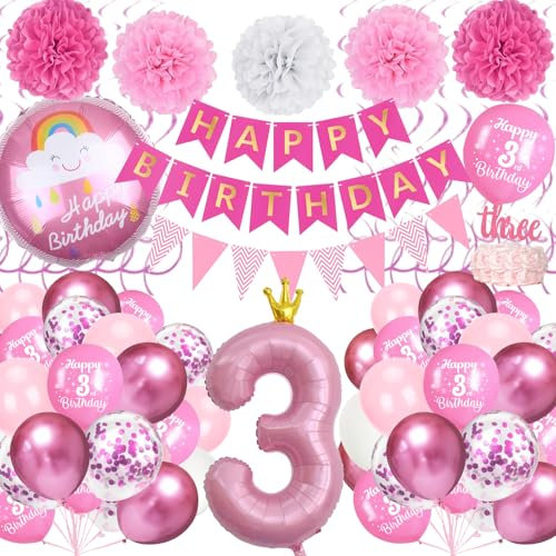 Décoration Anniversaire 3 Ans Rose - Ballon Aluminium Numéro 3, Bannière Happy Birthday, Ballons Pastel, Décoration De Gâteaux pour Fille