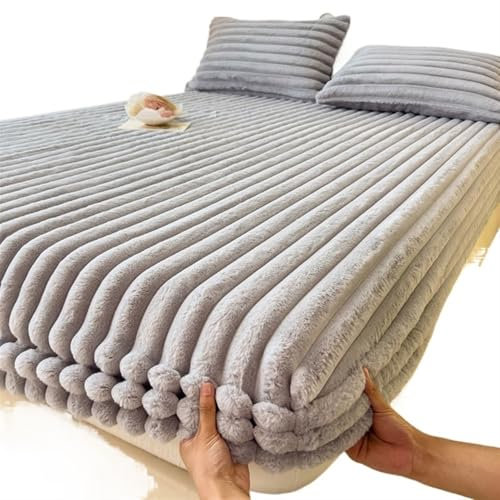 Fleece Plüsch Spannbettlaken King Queen Bettbezug Samt Matratzenbezug Weiches Studentenwohnheim Bettlaken Winter Warm Verdicktes Matratzenschoner (Grau, 150x200cm-3p)