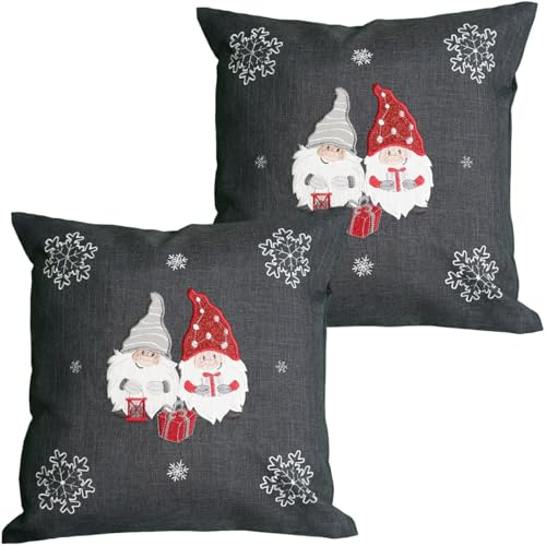 Kissen-Bezüge 2er Set Deko-Kissen Sofa-Kissen 40 x 40 cm - Polyester Kissen-Hüllen AMIRA dunkelgrau bestickt mit Wichteln - Weihnachtliche Zierkissen für Couch & Wohnzimmer an Weihnachten