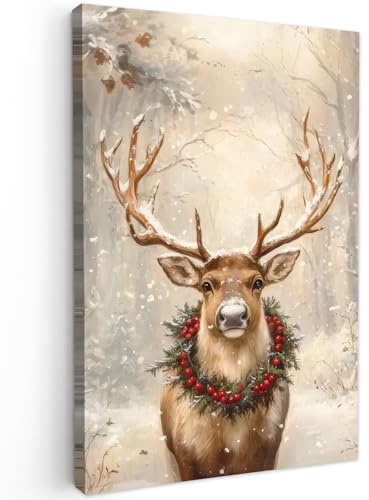 MuchoWow© Weihnachtsdeko Leinwandbild Dekoration Wohnzimmer Bilder Pictures | 60x90 cm - Weihnachtsgeschenke Decoration Living Room Deko Moderne Bild Geschenke Weihnachten - Rentier - Winter - Beige