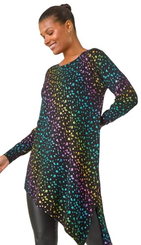 Roman Originals Asymmetrical Foil Print Tunic for Women UK - Ladies Everyday Autumn Winter Crew Neckline Comfy Soft Evening Vacation Work Party Night Out