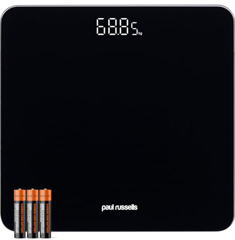 Paul Russells Digital Bathroom Scales for Body Weight, Weighing Scale with Glass, High Precision Sensors Accurate Weight Machine, Batteries Included, 180kg/28st/400lb, Black