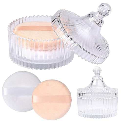 TOLIDA Puderdose Set aus Glas,Körperpuderbehälter,Leer Babypuder Dose mit Puderquaste, Puderetui für Körperpuder,Talkumpuder,Kosmetikpuder zu Reise Geburtstag als Geschenk Klar(Kein Pulver)