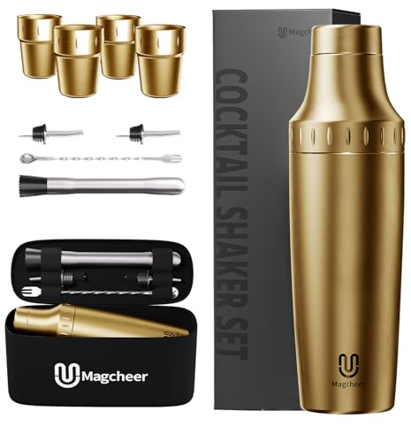 Magcheer Set Shaker Cocktail Professionale con Tazza Impilabile 900ml Kit Barman a Doppio Strato Antigelo Kit Cocktail con Borse Portaoggetti Adatto a Principianti e Baristi(Oro)