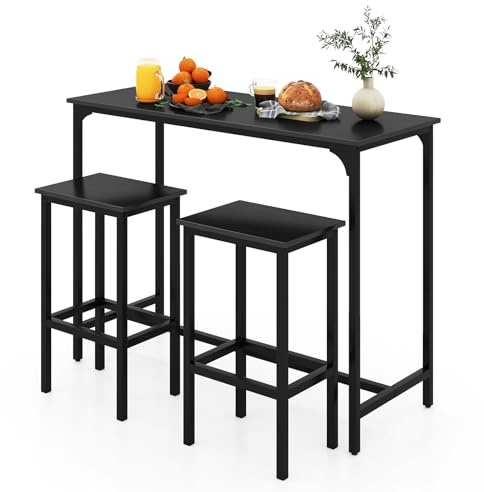 GiantexUK 3PCS Bar Table Set, Metal Frame Breakfast Bar Set with Spacious Tabletop, H-Shaped Structure & Footrests, Industrial Counter Height Table and Stools for Dining Living Room (Black)